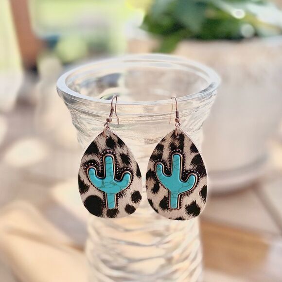 LEOPARD PRINT Leather Teardrop Eaarings with Turquoise Cactus Embellishment - Picture 1 of 2